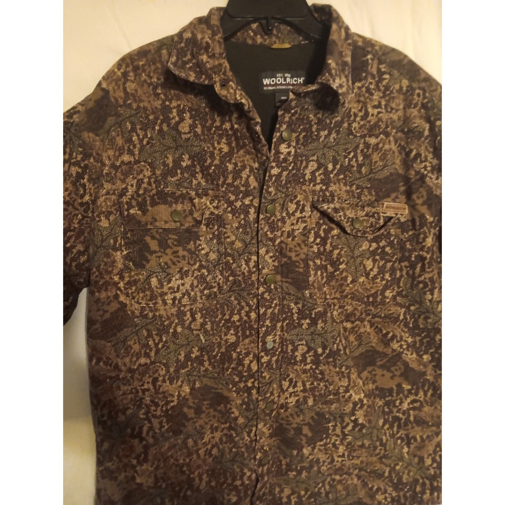 Woolrich Mens Fleece Lined Snap Front Shirt Jacket Brown Camo Pattern Large
